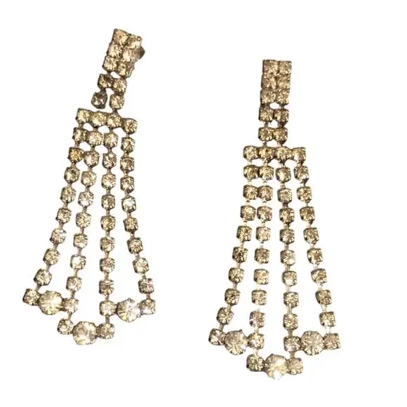 90's Vintage Rhinestone Dangle Drop Chandelier Earrings Silver Tone Post Style - Picture 16 of 16